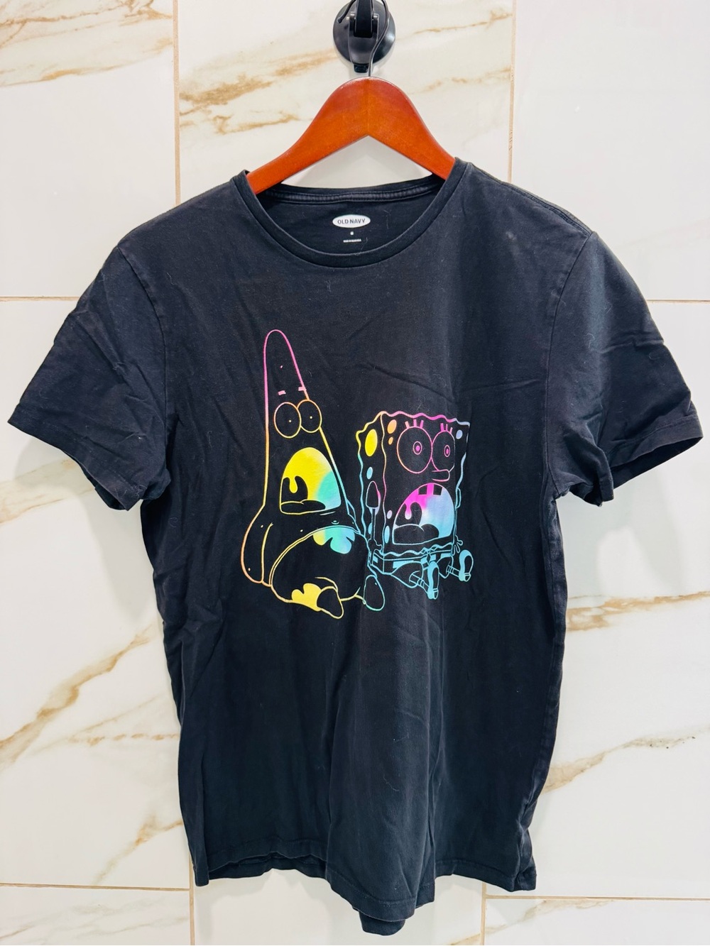 Old Navy Black men’s M Short-Sleeve Tee with Neon SpongeBob & Patrick Graphic